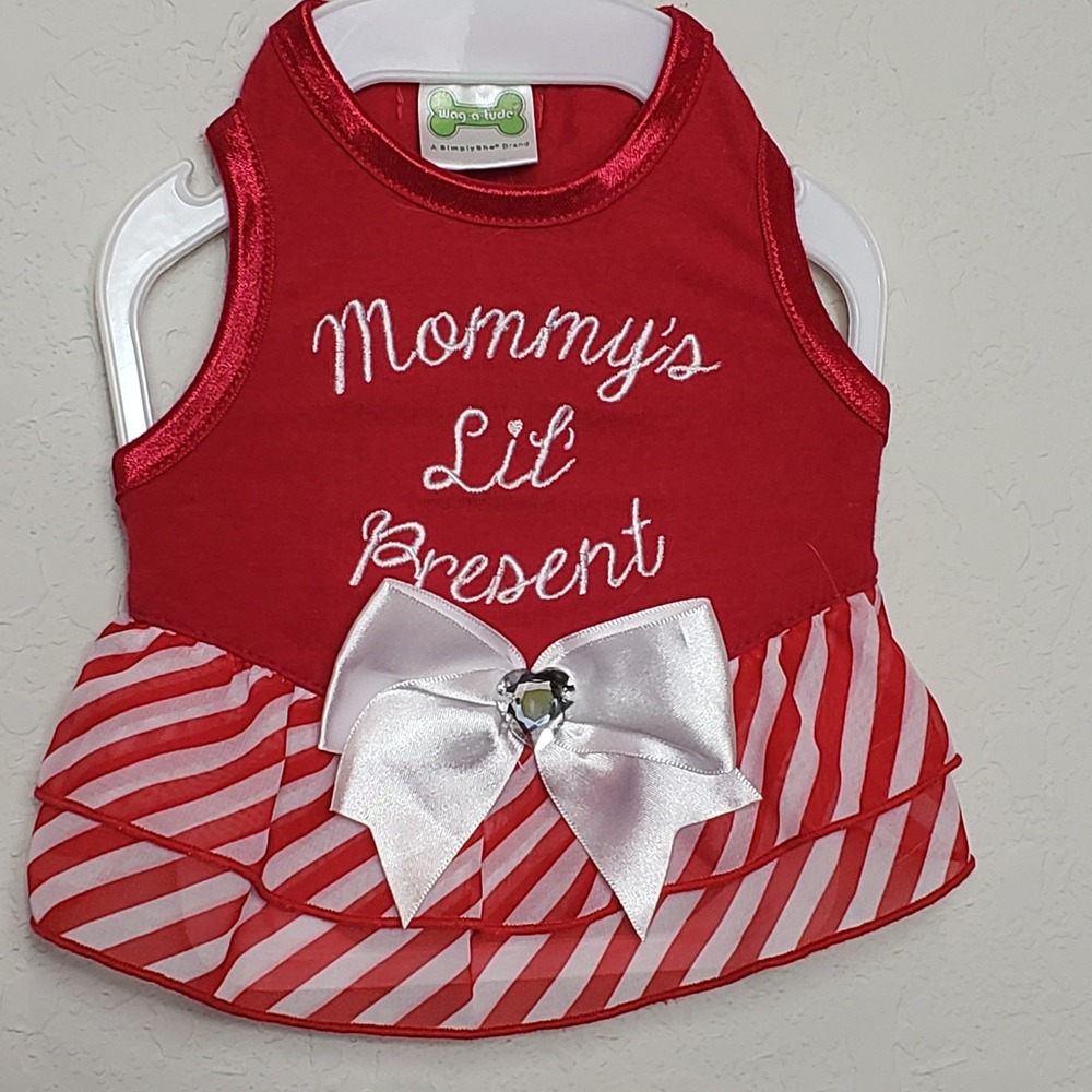 Red‎ Mommy Lil Present Dog Dress Puppy Pet Clothes Sparkly Bow Holiday - Picture 2 of 5
